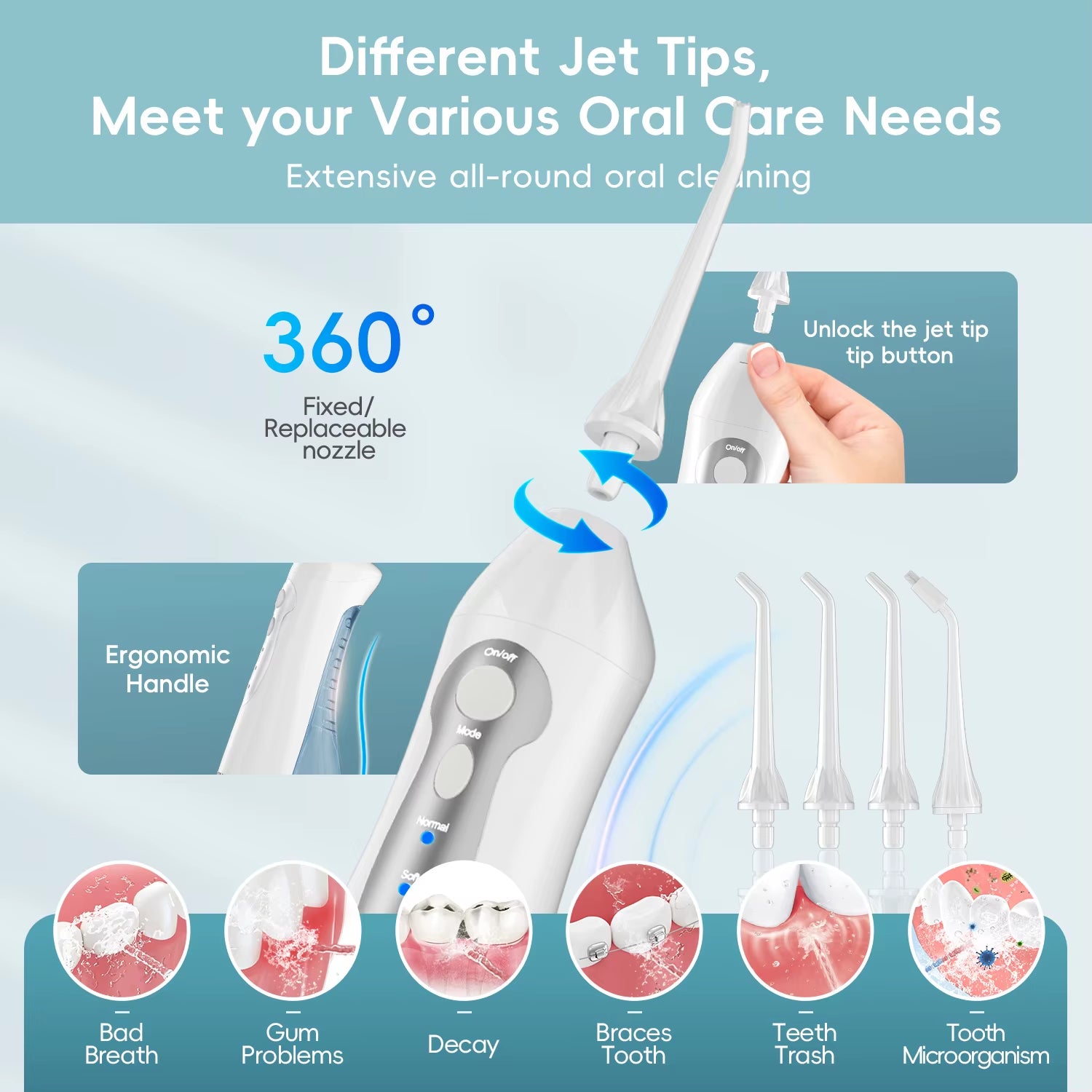 Dental Oral Irrigator Rechargeable Water Flosser Portable 300ML 4 Nozzles Dental Water Jet Waterproof Teeth Cleaner Water Pick