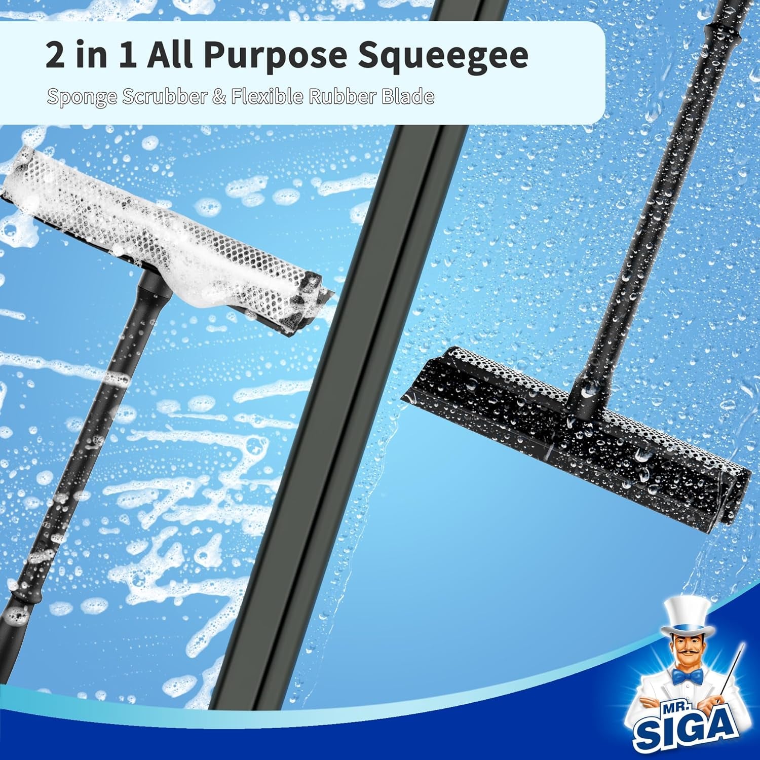 Professional Squeegee for Car Windshield Cleaning, 2 in 1 Shower Door Squeegee with Handle & Window Washing Sponge, Black
