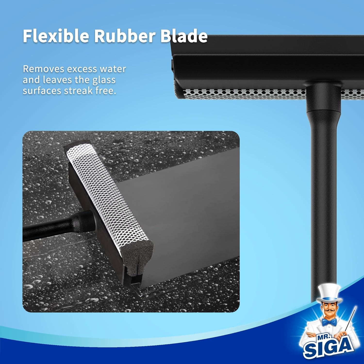 Professional Squeegee for Car Windshield Cleaning, 2 in 1 Shower Door Squeegee with Handle & Window Washing Sponge, Black